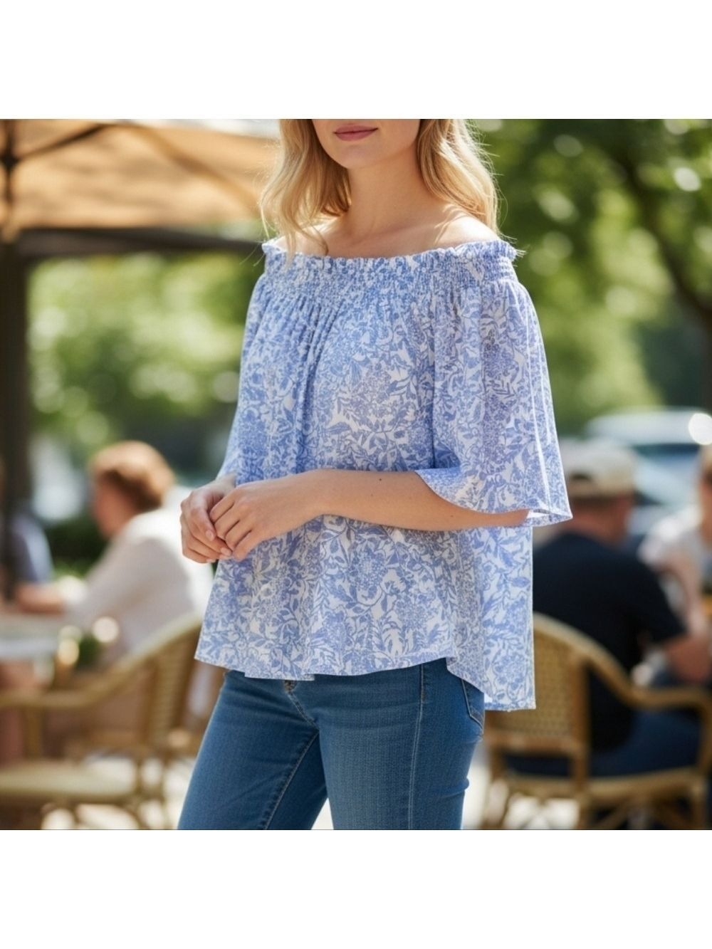 CeCe Blue White Floral Blouse